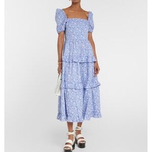 Polo Ralph Lauren Floral Tiered Midi Dress Blue White Puff Sleeve Square Neck 6
